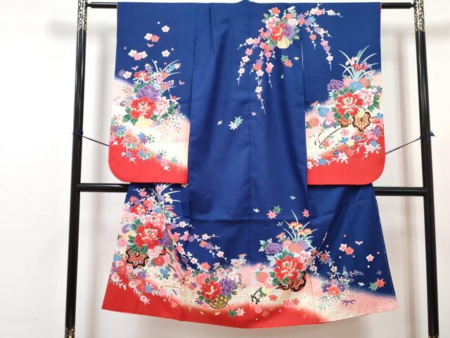 平和屋着物[]七五三　女の子　７歳　祝着　四つ身　襦袢(単衣)セット　花車文　暈し染め　金彩　DABG3172ma