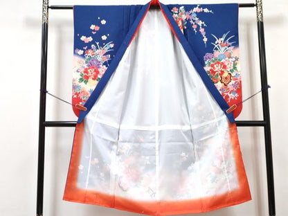 平和屋着物[]七五三　女の子　７歳　祝着　四つ身　襦袢(単衣)セット　花車文　暈し染め　金彩　DABG3172ma