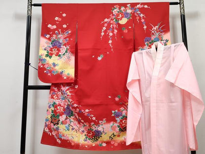 平和屋着物[]七五三　女の子　７歳　祝着　四つ身　襦袢(単衣)セット　花車文　暈し染め　金彩　DABG3173ma