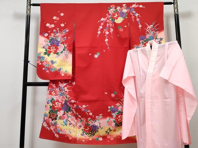 平和屋着物[]七五三　女の子　７歳　祝着　四つ身　襦袢(単衣)セット　花車文　暈し染め　金彩　DABG3173ma