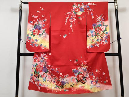 平和屋着物[]七五三　女の子　７歳　祝着　四つ身　襦袢(単衣)セット　花車文　暈し染め　金彩　DABG3173ma