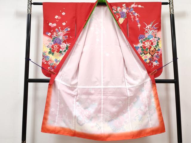 平和屋着物[]七五三　女の子　７歳　祝着　四つ身　襦袢(単衣)セット　花車文　暈し染め　金彩　DABG3173ma