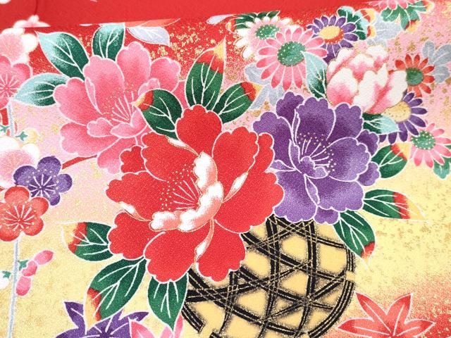 平和屋着物[]七五三　女の子　７歳　祝着　四つ身　襦袢(単衣)セット　花車文　暈し染め　金彩　DABG3173ma