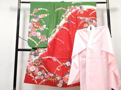 平和屋着物[]七五三　女の子　７歳　祝着　四つ身　襦袢(単衣)セット　花鞠文　暈し染め　金彩　DABG3174ma