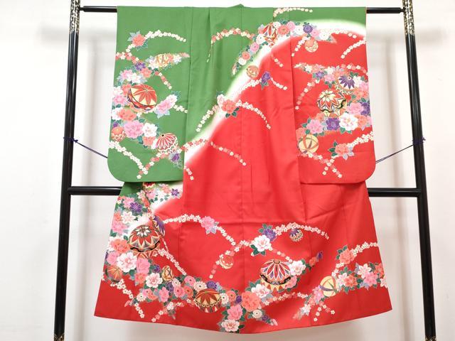 平和屋着物[]七五三　女の子　７歳　祝着　四つ身　襦袢(単衣)セット　花鞠文　暈し染め　金彩　DABG3174ma
