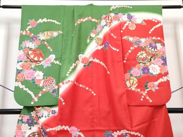 平和屋着物[]七五三　女の子　７歳　祝着　四つ身　襦袢(単衣)セット　花鞠文　暈し染め　金彩　DABG3174ma
