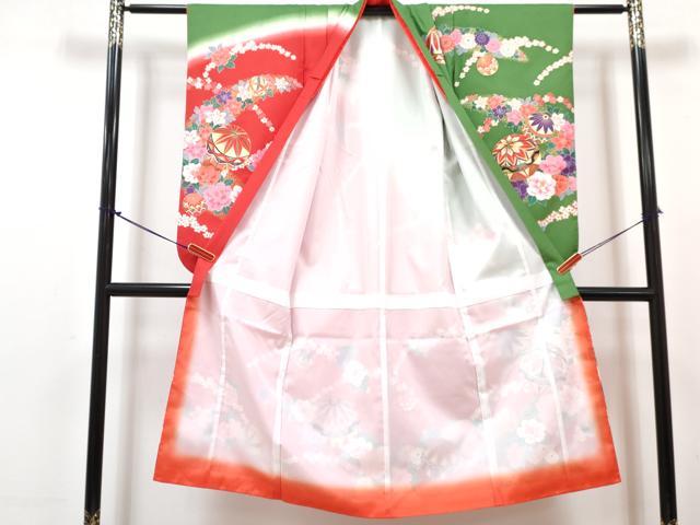 平和屋着物[]七五三　女の子　７歳　祝着　四つ身　襦袢(単衣)セット　花鞠文　暈し染め　金彩　DABG3174ma