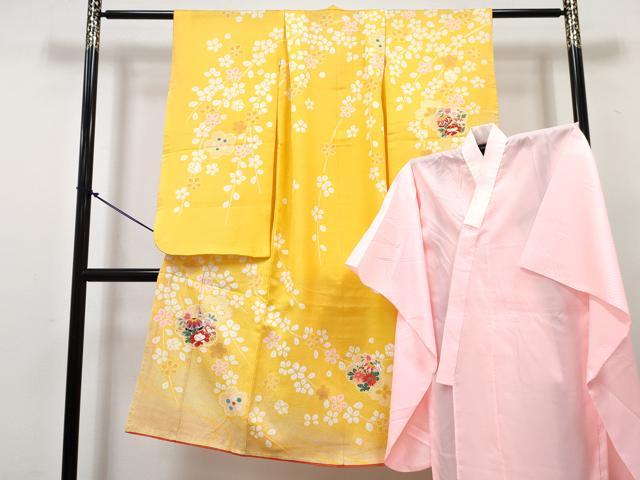 平和屋着物[]七五三　女の子　７歳　祝着　四つ身　長襦袢(単衣)セット　舞桜鞠花文　金彩　DABG3176ma