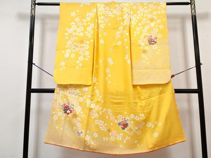 平和屋着物[]七五三　女の子　７歳　祝着　四つ身　長襦袢(単衣)セット　舞桜鞠花文　金彩　DABG3176ma