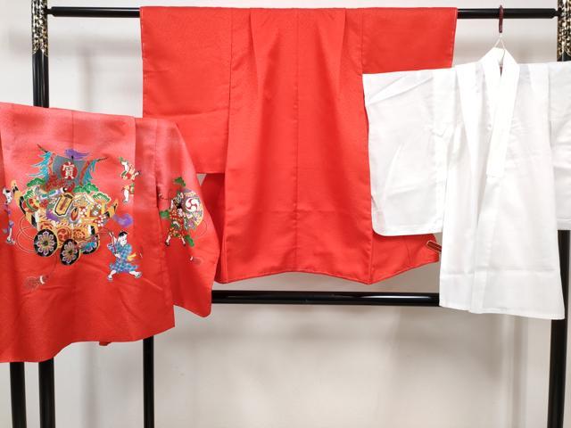 平和屋着物[]七五三　男の子　祝着・羽織・長襦袢(単衣)セット　緋色　童子　山車　暈し染め　金彩　DABG3186ma