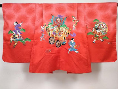 平和屋着物[]七五三　男の子　祝着・羽織・長襦袢(単衣)セット　緋色　童子　山車　暈し染め　金彩　DABG3186ma