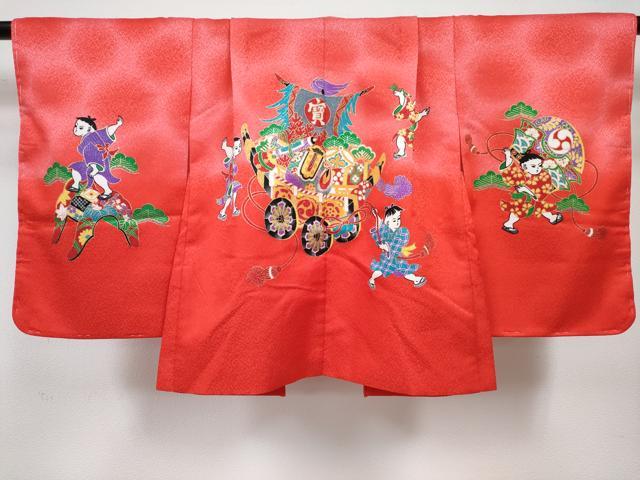 平和屋着物[]七五三　男の子　祝着・羽織・長襦袢(単衣)セット　緋色　童子　山車　暈し染め　金彩　DABG3186ma