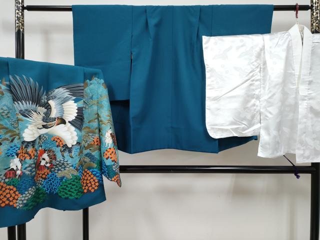 平和屋着物[]七五三　男の子　祝着・羽織・長襦袢(単衣)セット　藍色　鷹　鷲　松竹梅　平安人物花文　DABG3188ma