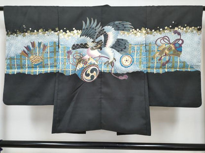 平和屋着物[]七五三　男の子　祝着・羽織・長襦袢(単衣)セット　鷹　鷲　鼓花文　金彩　DABG3189ma