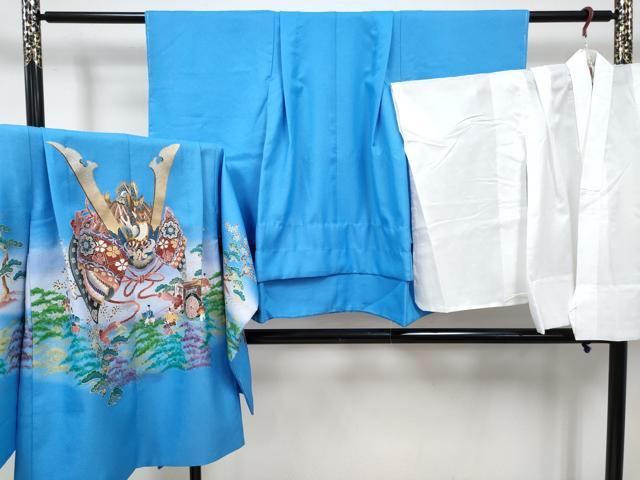 平和屋着物[]七五三 男の子 祝着・羽織・長襦袢(単衣)セット 勿忘草色 龍 兜 人物御所車松文 暈し染め 金銀彩 DABG3190ma