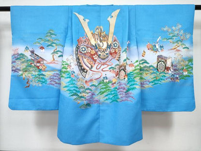 平和屋着物[]七五三　男の子　祝着・羽織・長襦袢(単衣)セット　勿忘草色　龍　兜　人物御所車松文　暈し染め　金銀彩　DABG3190ma