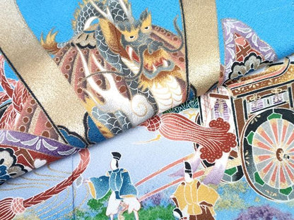 平和屋着物[]七五三　男の子　祝着・羽織・長襦袢(単衣)セット　勿忘草色　龍　兜　人物御所車松文　暈し染め　金銀彩　DABG3190ma