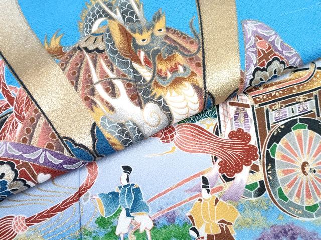 平和屋着物[]七五三　男の子　祝着・羽織・長襦袢(単衣)セット　勿忘草色　龍　兜　人物御所車松文　暈し染め　金銀彩　DABG3190ma
