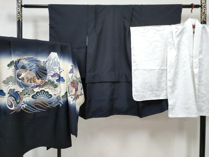 平和屋着物[]七五三　男の子　祝着・羽織・長襦袢(単衣)セット　鷹　鷲　打ち出の小槌　風景立波松文　暈し染め　金彩　DABG3192ma