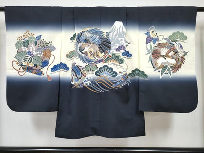 平和屋着物[]七五三　男の子　祝着・羽織・長襦袢(単衣)セット　鷹　鷲　打ち出の小槌　風景立波松文　暈し染め　金彩　DABG3192ma