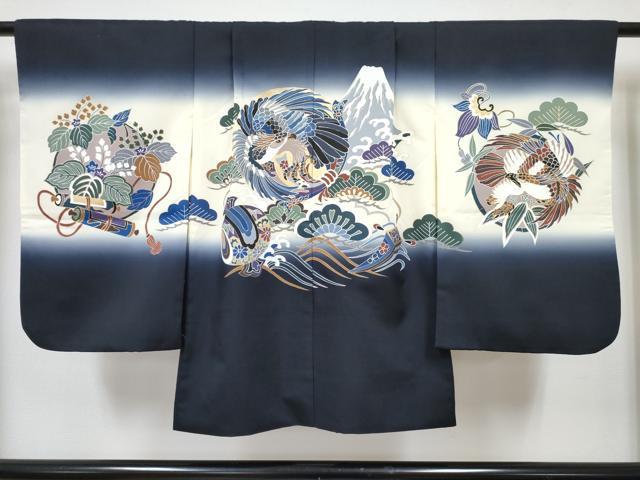 平和屋着物[]七五三　男の子　祝着・羽織・長襦袢(単衣)セット　鷹　鷲　打ち出の小槌　風景立波松文　暈し染め　金彩　DABG3192ma