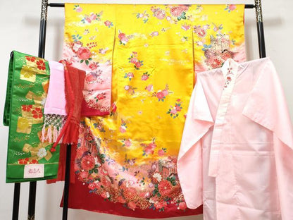 平和屋着物[]七五三　女の子　７歳　祝着　四つ身　襦袢(単衣)・袋帯・小物セット　御所車花文　暈し染め　金彩　洗える着物　DABG3193ma