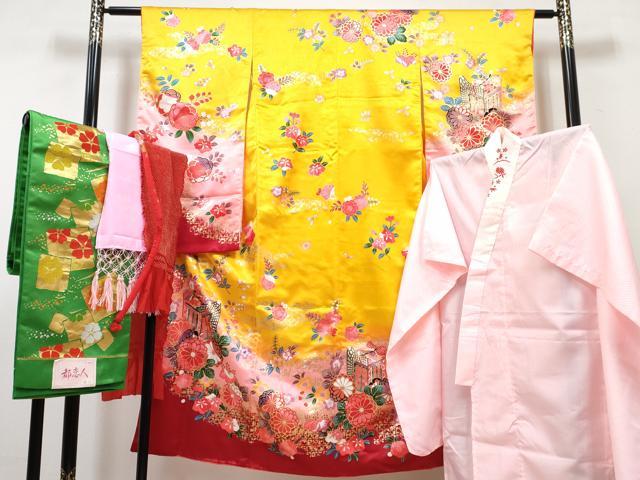 平和屋着物[]七五三　女の子　７歳　祝着　四つ身　襦袢(単衣)・袋帯・小物セット　御所車花文　暈し染め　金彩　洗える着物　DABG3193ma