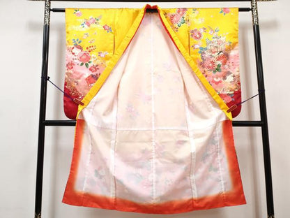 平和屋着物[]七五三　女の子　７歳　祝着　四つ身　襦袢(単衣)・袋帯・小物セット　御所車花文　暈し染め　金彩　洗える着物　DABG3193ma