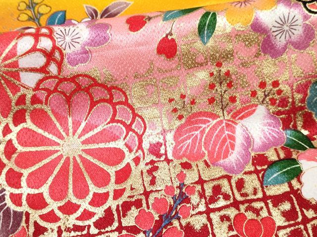 平和屋着物[]七五三　女の子　７歳　祝着　四つ身　襦袢(単衣)・袋帯・小物セット　御所車花文　暈し染め　金彩　洗える着物　DABG3193ma