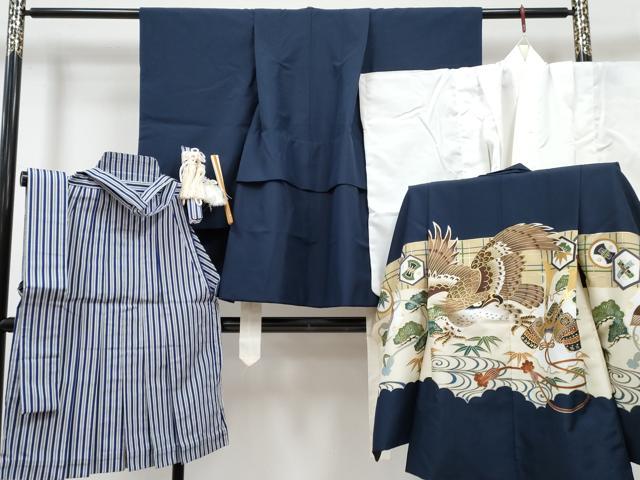 平和屋着物[]七五三　男の子　祝着・羽織・長襦袢(単衣)・行灯袴・小物セット　鷹　鷲　兜　流水笹松文　金彩　箱付き　DABG3206ma