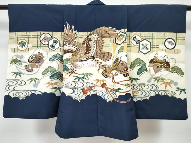 平和屋着物[]七五三　男の子　祝着・羽織・長襦袢(単衣)・行灯袴・小物セット　鷹　鷲　兜　流水笹松文　金彩　箱付き　DABG3206ma