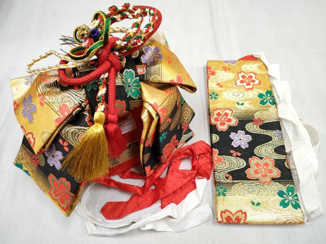 平和屋着物[]和装小物　女の子　子供　つけ帯・草履・バッグ・帯締め・小物セット　流水舞桜文　金糸　箱付き　DABG3208ma