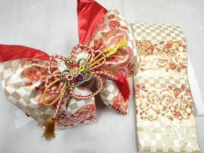 平和屋本店[]和装小物　女の子　子供　つけ帯・草履・バッグ・帯締め・小物セット　薔薇　バラ　金糸　箱付き　逸品　DABG3210ma