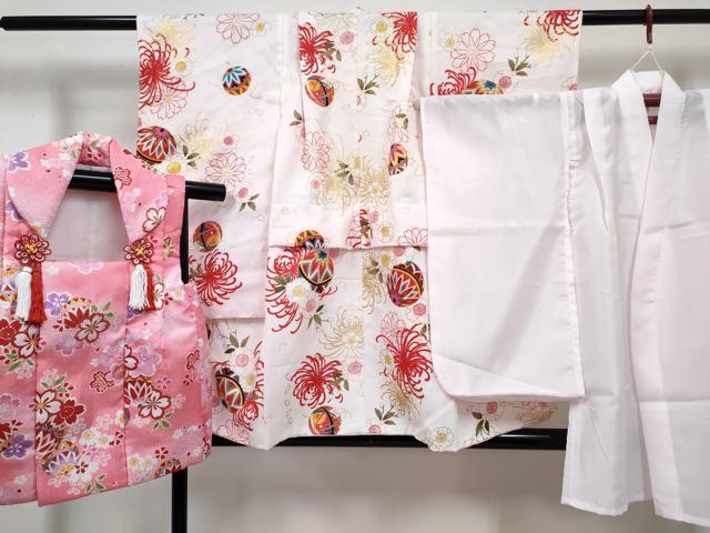 平和屋着物[]七五三　女の子　３歳　祝着　三つ身　長襦袢(単衣)・被布セット　鞠花文　金彩　未使用　DABG3213ma