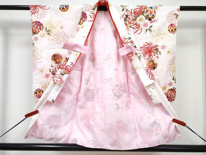 平和屋着物[]七五三　女の子　３歳　祝着　三つ身　長襦袢(単衣)・被布セット　鞠花文　金彩　未使用　DABG3213ma