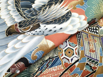 平和屋着物[]七五三　男の子　祝着・羽織セット　鷹　鷲　打ち出の小槌　雪輪御所車立波松文　金彩　DABG3226ma