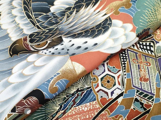 平和屋着物[]七五三　男の子　祝着・羽織セット　鷹　鷲　打ち出の小槌　雪輪御所車立波松文　金彩　DABG3226ma