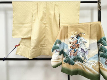 平和屋着物[]七五三　男の子　祝着・羽織セット　手描き　レグホーン色　武士　立波松文　暈し染め　金彩　DABG3227ma