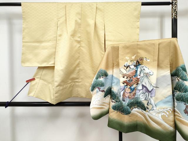 平和屋着物[]七五三　男の子　祝着・羽織セット　手描き　レグホーン色　武士　立波松文　暈し染め　金彩　DABG3227ma