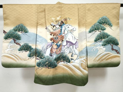 平和屋着物[]七五三　男の子　祝着・羽織セット　手描き　レグホーン色　武士　立波松文　暈し染め　金彩　DABG3227ma