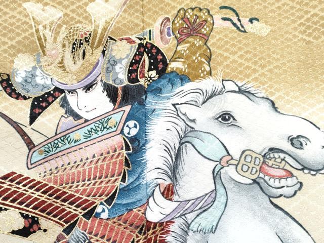 平和屋着物[]七五三　男の子　祝着・羽織セット　手描き　レグホーン色　武士　立波松文　暈し染め　金彩　DABG3227ma