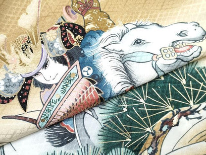 平和屋着物[]七五三　男の子　祝着・羽織セット　手描き　レグホーン色　武士　立波松文　暈し染め　金彩　DABG3227ma