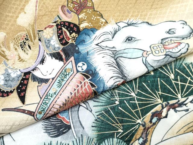 平和屋着物[]七五三　男の子　祝着・羽織セット　手描き　レグホーン色　武士　立波松文　暈し染め　金彩　DABG3227ma