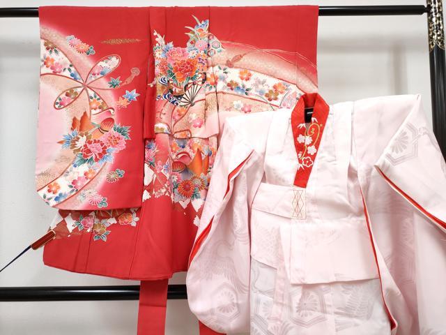 平和屋着物[]七五三 女の子 ３歳 祝着 三つ身 長襦袢(袷・半衿刺繍)セット 扇面鴛鴦花文 暈し染め 金彩 逸品 DABG3229ma
