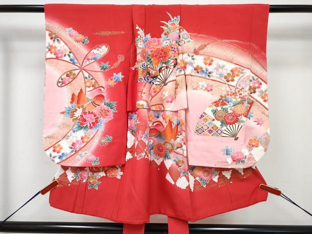 平和屋着物[]七五三　女の子　３歳　祝着　三つ身　長襦袢(袷・半衿刺繍)セット　扇面鴛鴦花文　暈し染め　金彩　逸品　DABG3229ma