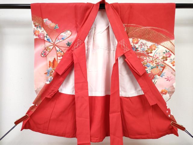 平和屋着物[]七五三　女の子　３歳　祝着　三つ身　長襦袢(袷・半衿刺繍)セット　扇面鴛鴦花文　暈し染め　金彩　逸品　DABG3229ma