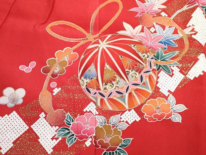 平和屋着物[]七五三　女の子　３歳　祝着　三つ身　長襦袢(袷・半衿刺繍)セット　扇面鴛鴦花文　暈し染め　金彩　逸品　DABG3229ma
