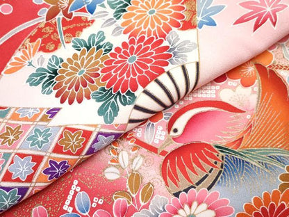 平和屋着物[]七五三　女の子　３歳　祝着　三つ身　長襦袢(袷・半衿刺繍)セット　扇面鴛鴦花文　暈し染め　金彩　逸品　DABG3229ma