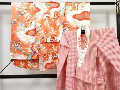 平和屋着物[]七五三　女の子　３歳　祝着　三つ身　長襦袢(無双仕立て・半衿刺繍)セット　絞り　舞花文　暈し染め　金彩　逸品　DABG3230ma