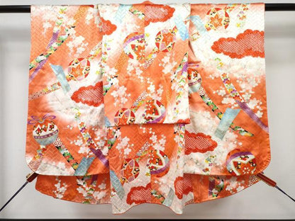 平和屋着物[]七五三　女の子　３歳　祝着　三つ身　長襦袢(無双仕立て・半衿刺繍)セット　絞り　舞花文　暈し染め　金彩　逸品　DABG3230ma